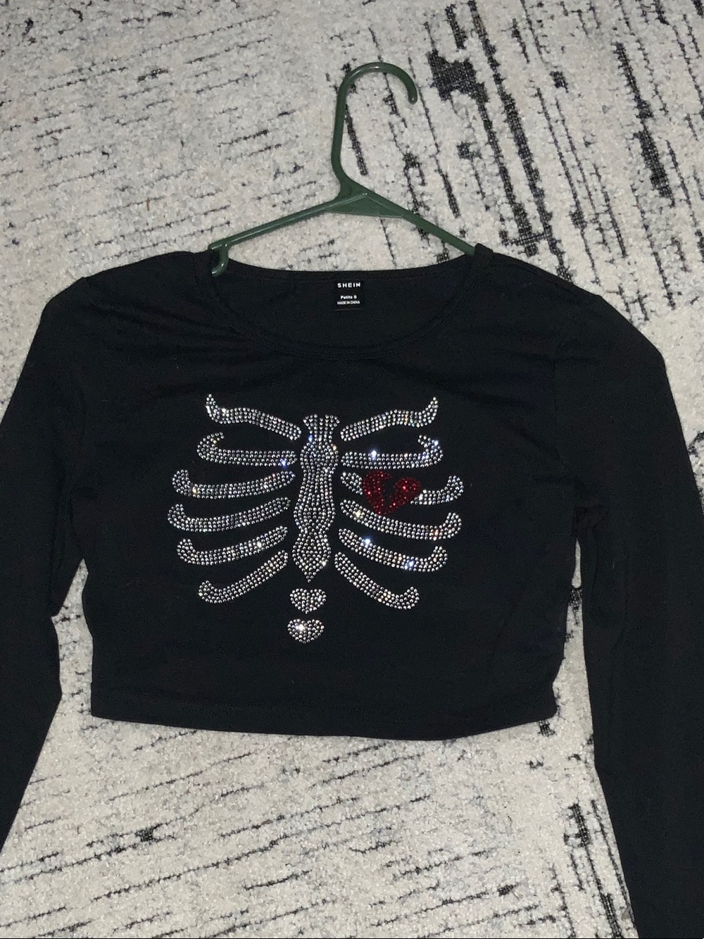 SHEIN Black Rhinestone Skeleton Crop Top with Red Heart Accent